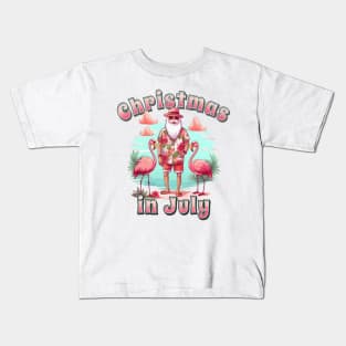 Christmas in July santa and flamingos on the beach Kids T-Shirt